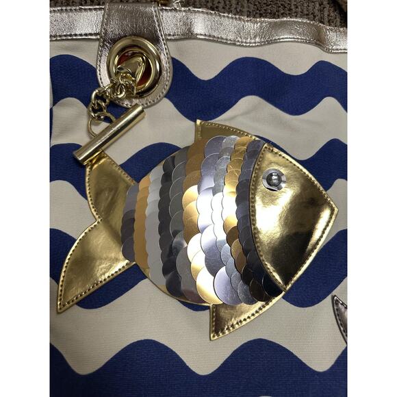 Felix Rey Tote Bag Women Blue Canvas Faux Leather Fish Sequin Gold Handles Purse - Picture 2 of 9